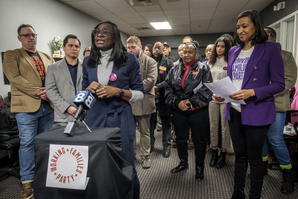 Robin Wilt at press conference with community supporters
